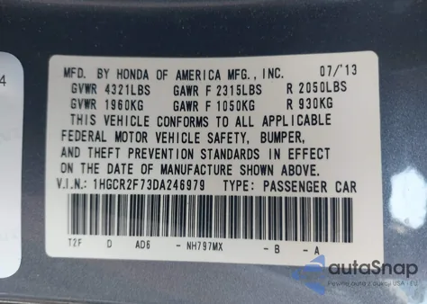 2013 Honda Accord Ex z USA, uszkodzony, nr VIN 1HGCR2F73DA246979